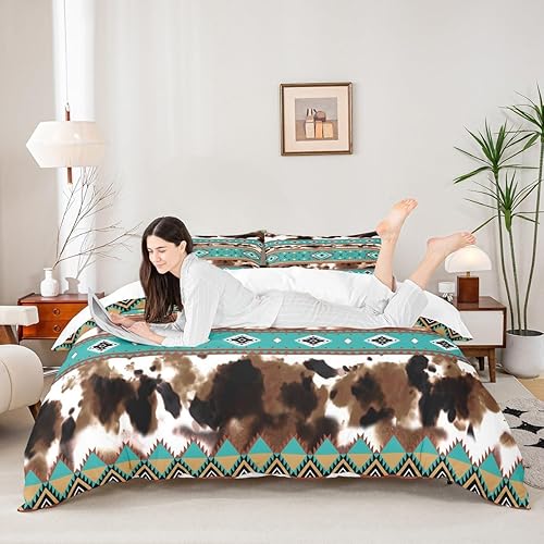 Juego de funda de edredón de piel de vaca, estampado de vaca de las tierras altas, tamaño Queen, funda de edredón tribal azteca occidental, 3 piezas