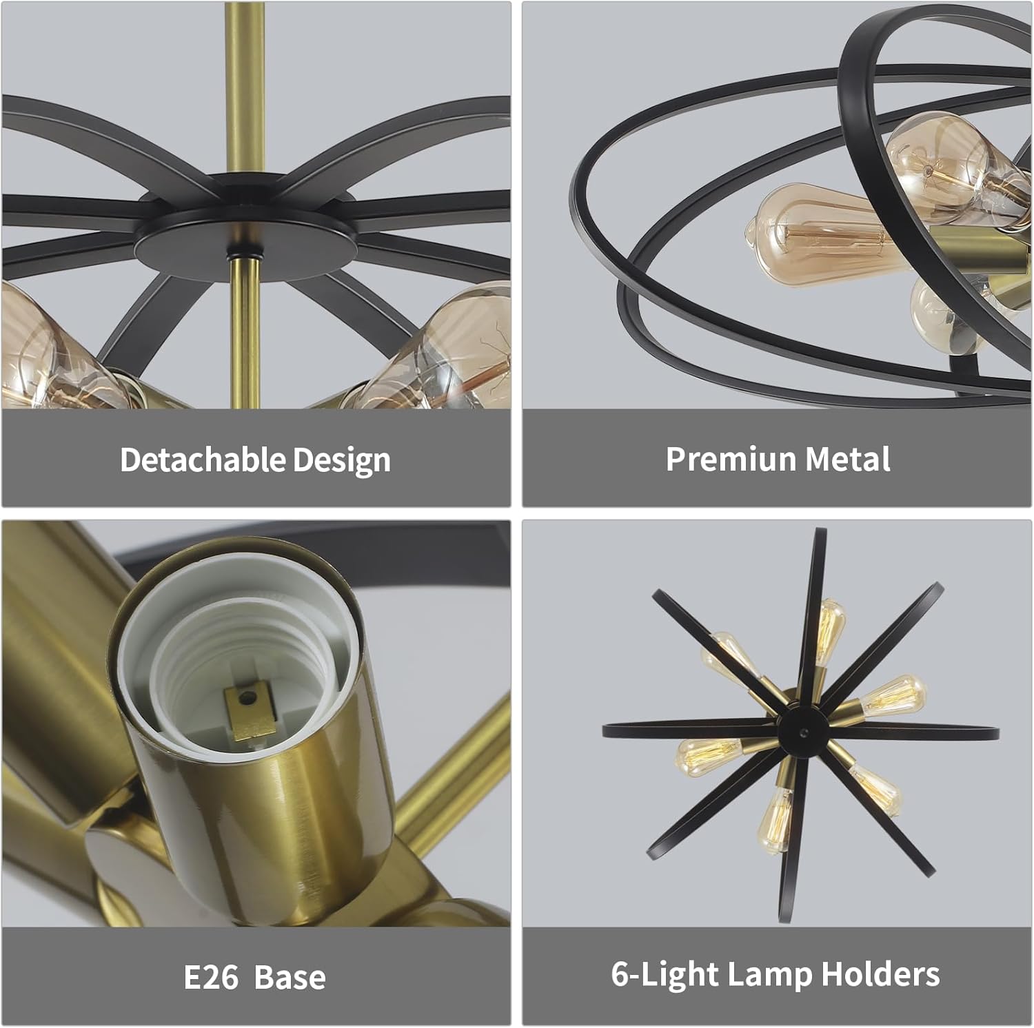 Semi Flush Mount Ceiling Light Fixture Chandelier 25''Black Gold Bedroom Ceiling Lights 6-Light Foyer Chandelier Style Flower Shape Porch Light Fixture for Entryway,Laundry room,Kitchen,Farmhouse