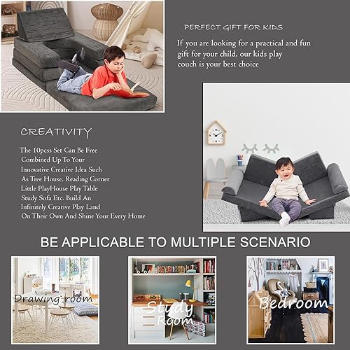 Miniatura 9 de Sofá modular de juego para niños de 10 piezas con 6 bolas inflables, sofá convertible de espuma y cojín de suelo para niños y niñas, sofá de juego