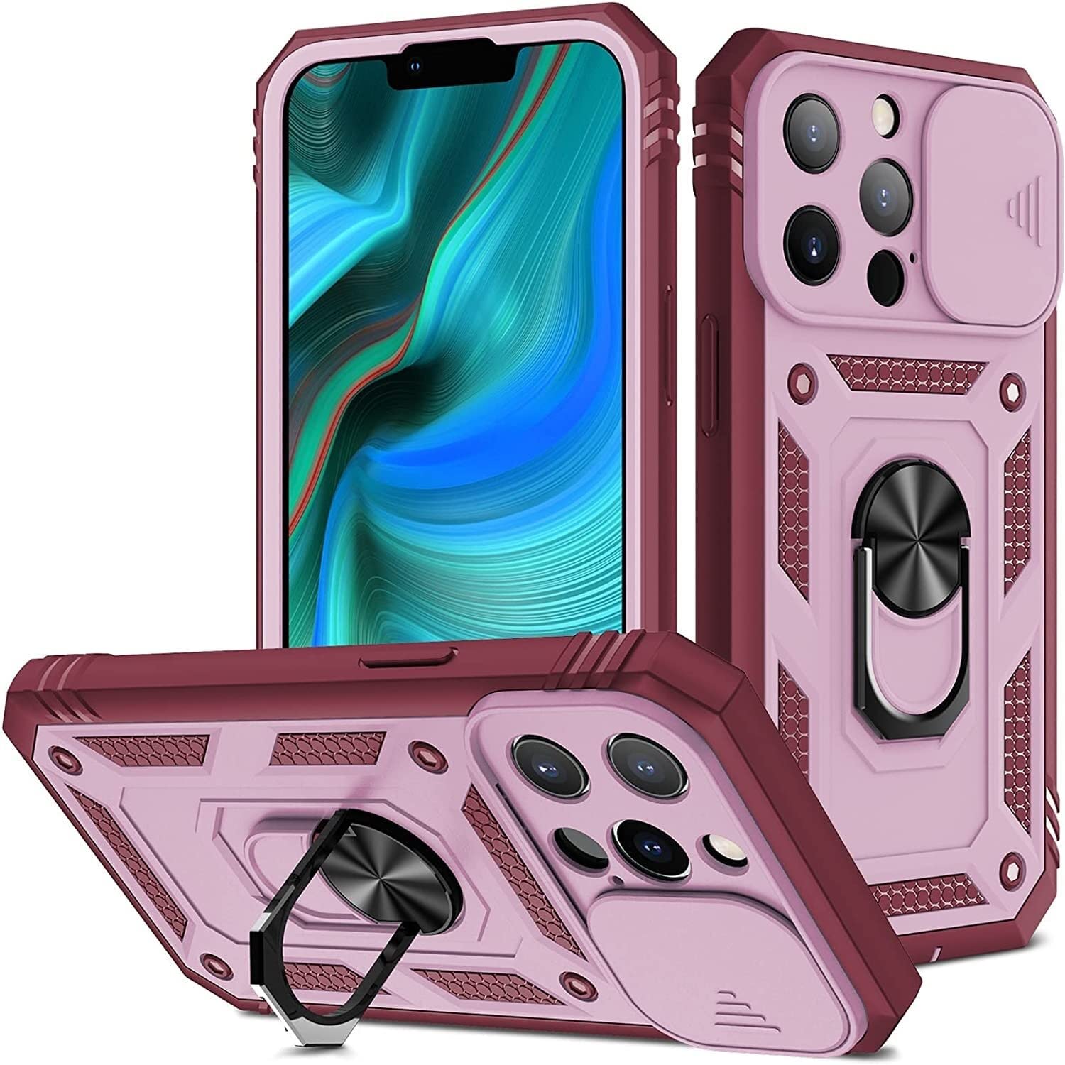 Etui na iPhone 13/13 Mini/13 Pro/13 Pro Max, wytrzymałe odporne na wstrząsy etui ochronne z metalowym pierścieniem podpórka magnes uchwyt z osłoną kamery przesuwnej (kolor: różowy, rozmiar: 13pro 6,1 cala