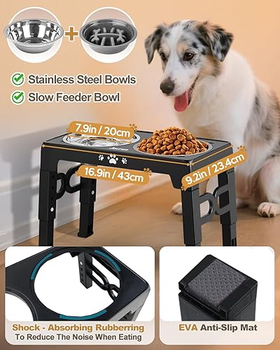 Miniatura 3 de Cuencos elevados para perros, comedero para perros con 2 cuencos de acero inoxidable y 1 tazón de alimentación lenta, 5 alturas ajustables, soporte