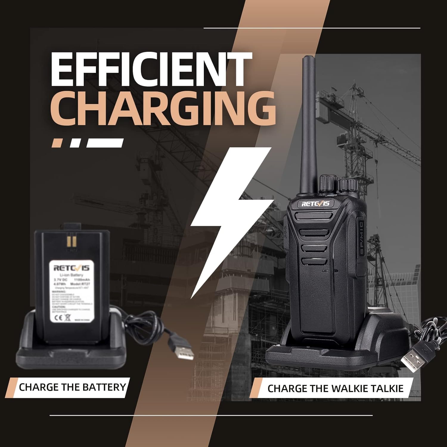 A Retevis RT27 walkie talkie and a separate battery, both shown with their respective USB charging docks, illustrating efficient charging.