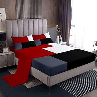 jejeloiu Geometric BedÂ SheetsÂ Set Queen Size Geometry Square Sheet Set for Kids Boys Girls Decor VVintage SheetsÂ withÂ DeepÂ PocketÂ FittedÂ Sheet Abstract Art Red Black White Blue BeddingÂ Set Bedroom