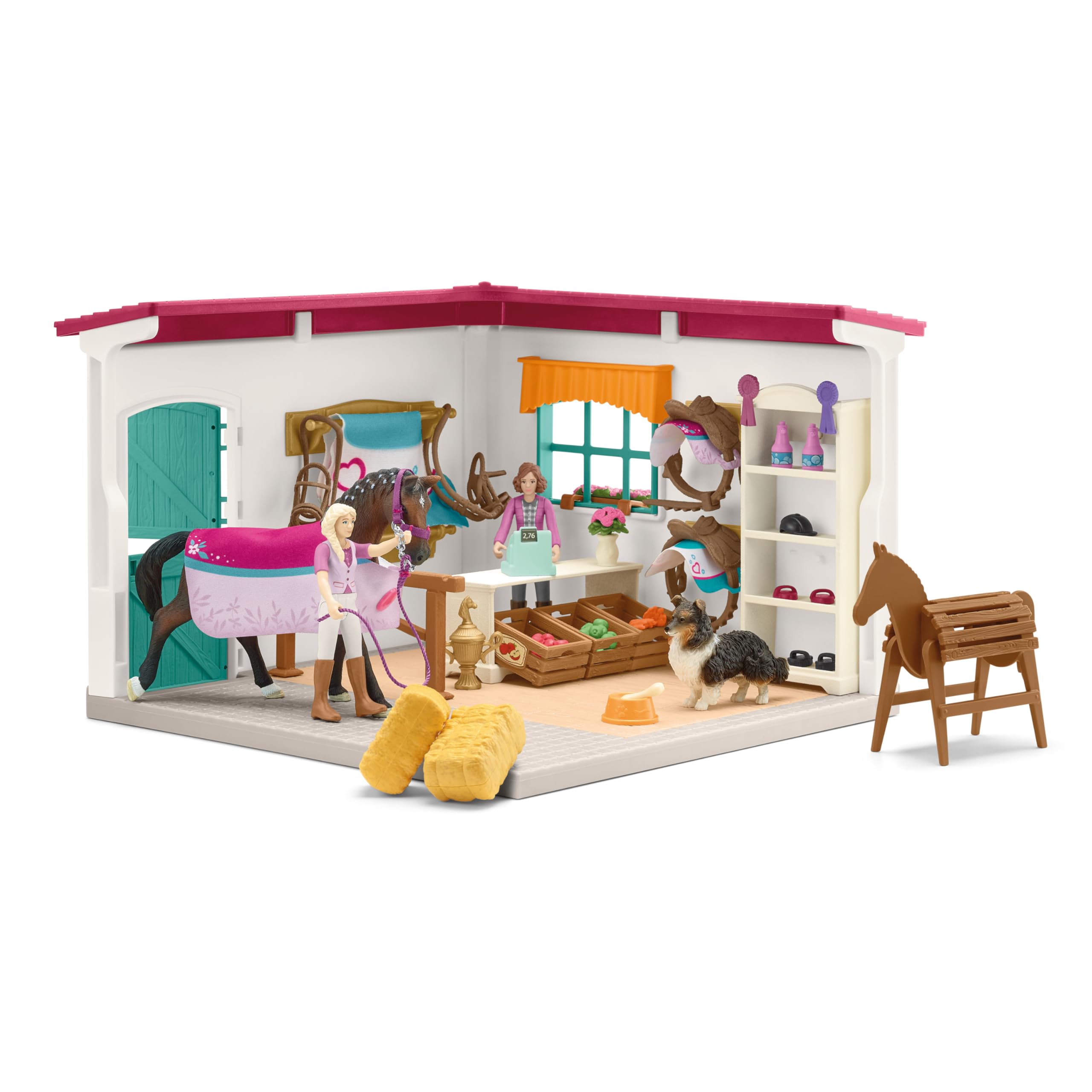 Schleich Horse Club | Reitshop zum modularen Reiterhof 42568 | 67 Teile | Set inkl. Haus, Hund, 2 bewegliche Figuren & Zubehör | Geschenk für Mädchen und Jungen | Pferde Spielzeug ab 5 Jahren