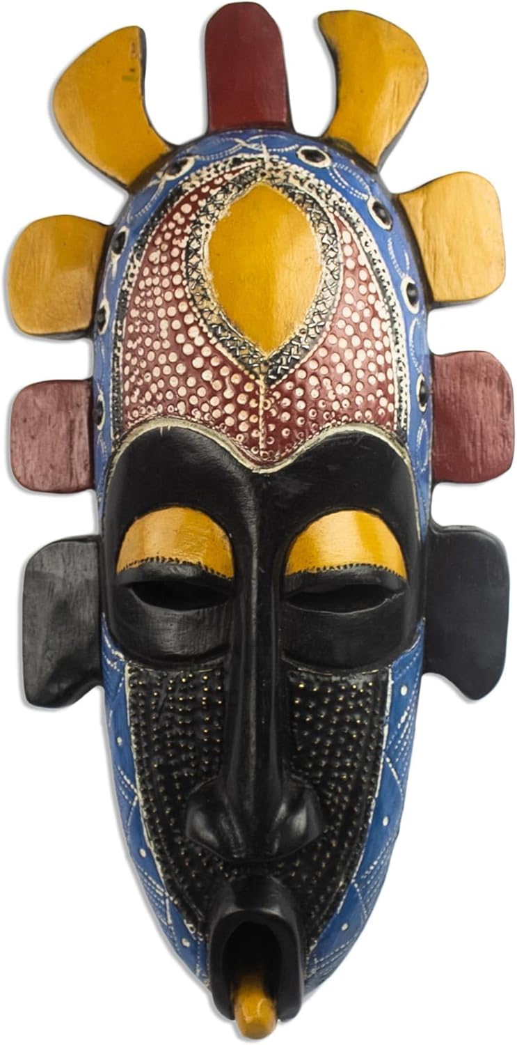 NOVICA Artisan Handcarved African Wood Mask West Sese Black Yellow Blue Red Ghana 'Adah'