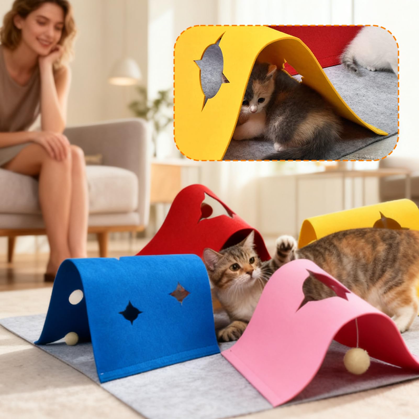 Alfombra de enriquecimiento para gatitos con agujero de juego interactivo en interiores