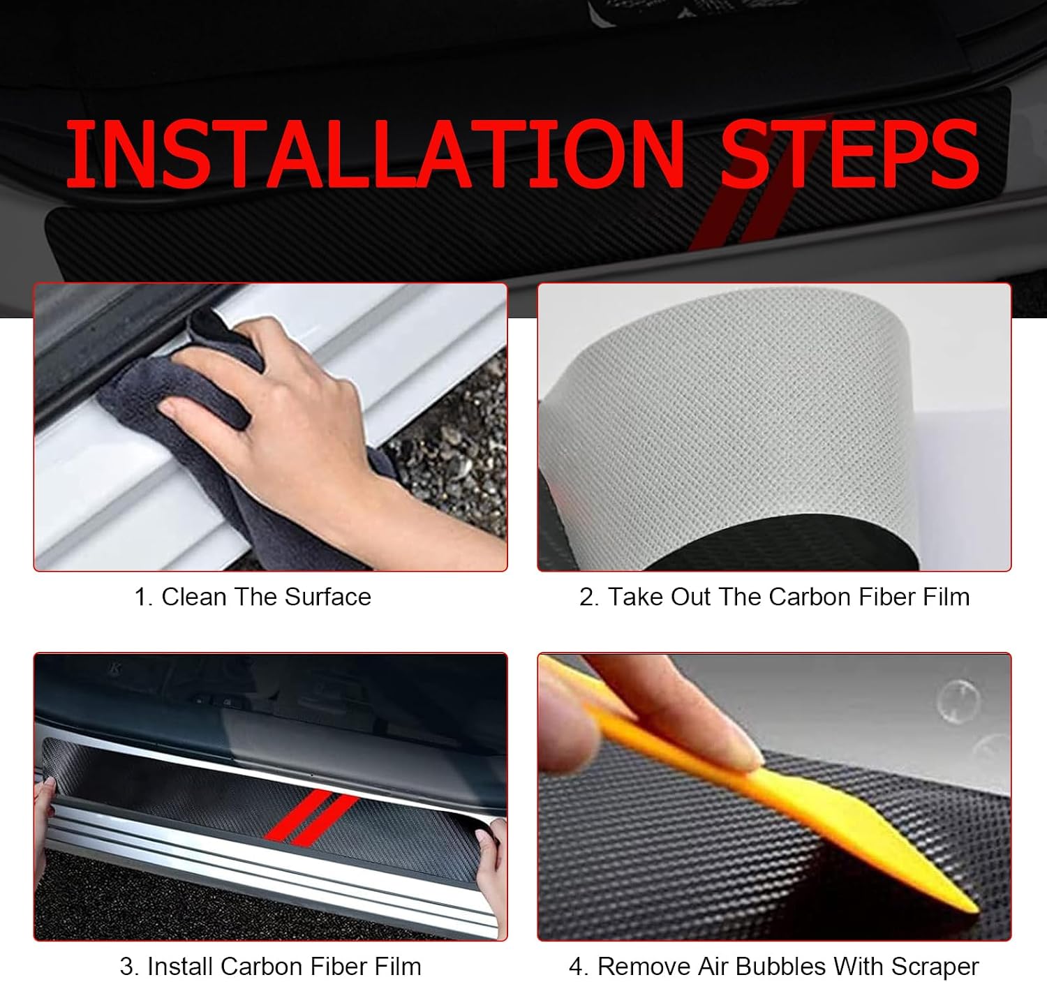 4 PCS Door Sill Protector, Carbon Fiber Leather Door Entry Guard Decoration, Waterproof Anti-scratch Door Threshold Strips Stickers, for Sedans SUVs Trucks (Red)