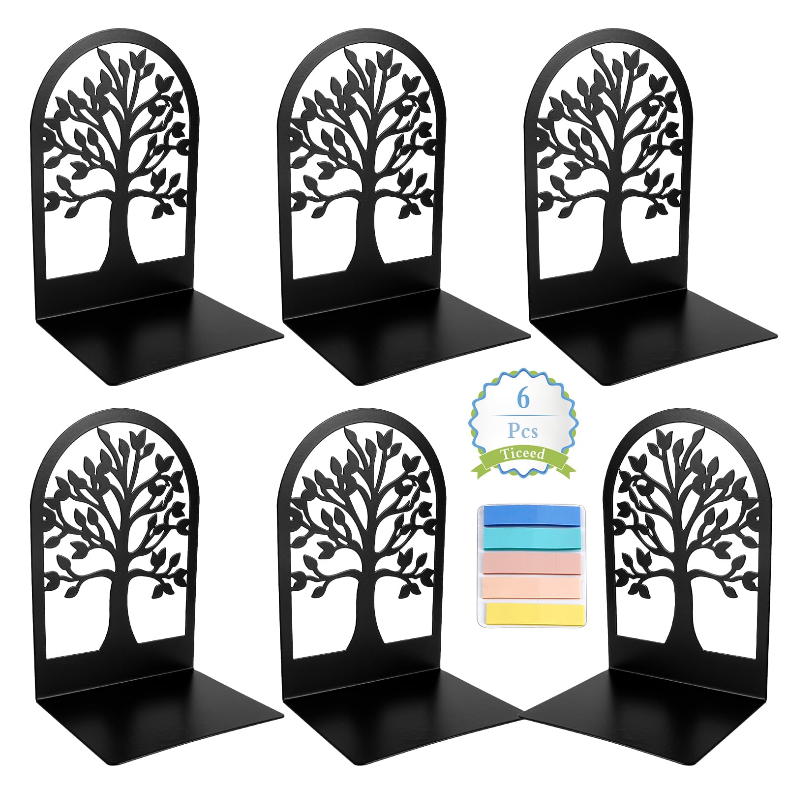 Ticeed Juego de Sujeta Libros, 3 Pares Sujetalibros Decorativos de Metal Antideslizante con Diseño de Árbol Soporte para Libros con Notas Adhesivas para Escuela Oficina Hogar-17 * 12 * 9CM(Negro)