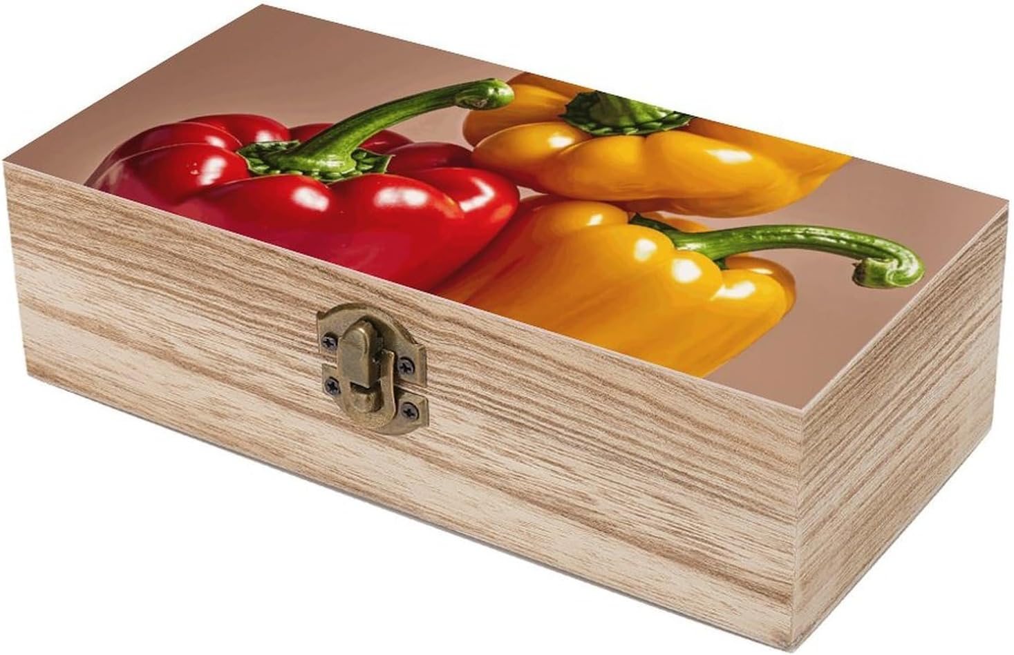 Three Fresh Bell Peppers Memory Jewelry Wooden Box, Large Wooden Treasure Chest Boxes with Hinged Lid, Photos Storage Case for Women Men, Wooden Keepsake Box, 7.9'' X 3.9'' X2.3''