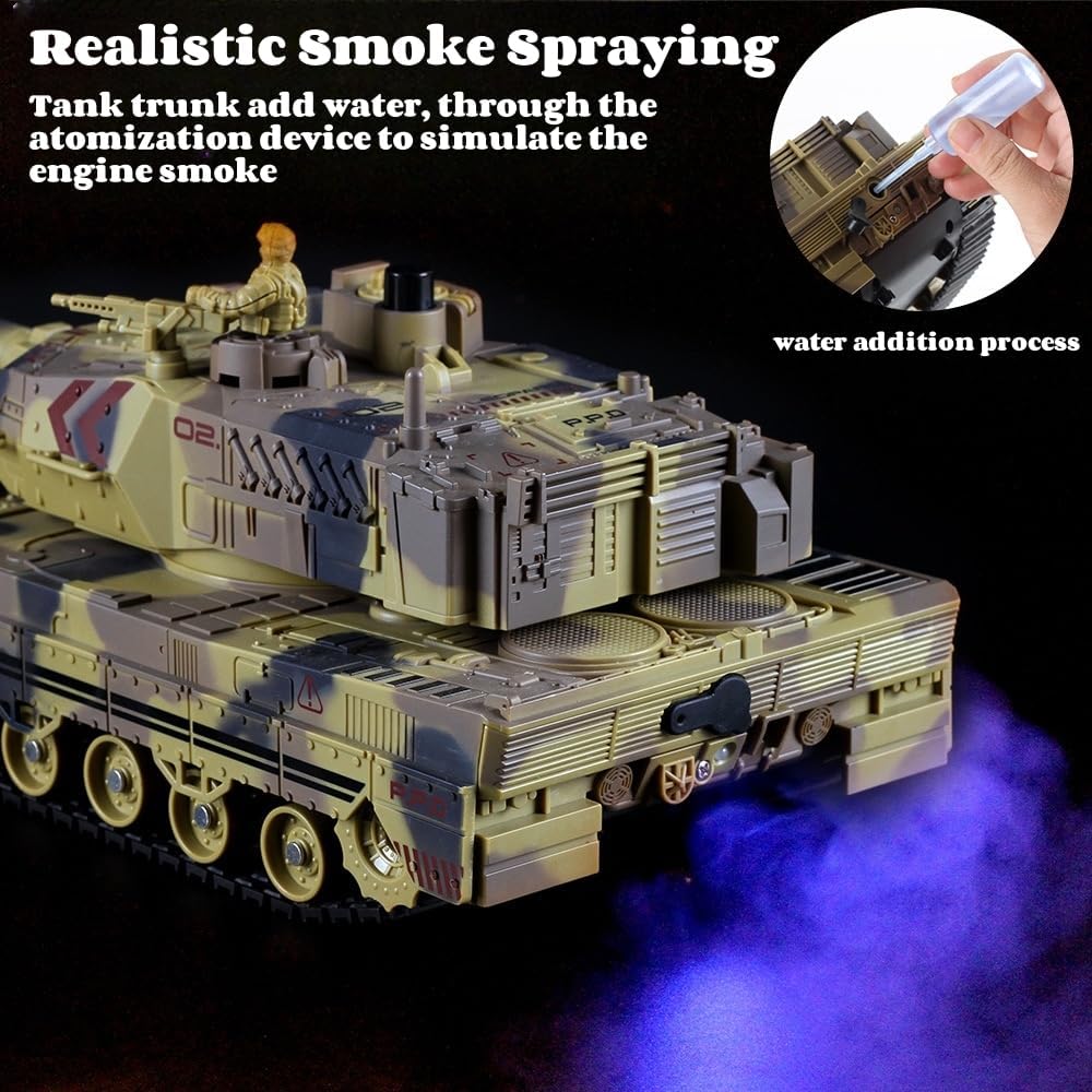 RC Tank That Shoots, 2.4GHz Military Vehicles Model with 360°Rotating Turret, Auto Demo, Sound & Smoke & Light, Remote Control Army Tank for Teen Adult