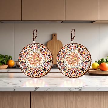 2PCS Ceramic Trivet for Hot Dishes, 7 Inch Wooden Hot Pots and Pans Insulation Pad, Heat Resistant Dishes Mat, Blossom and Wealth Flourishes