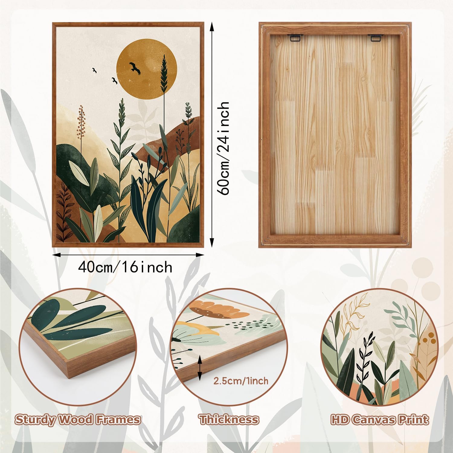 KAIRNE Neutral Floral Wall Art Set of 3,Framed Abstract Prints,Vintage Colorful Flower Canvas,Boho Botanical Artwork,Minimalist Farmhouse Decor for Living Room Bedroom Kitchen Office,16X24 inch