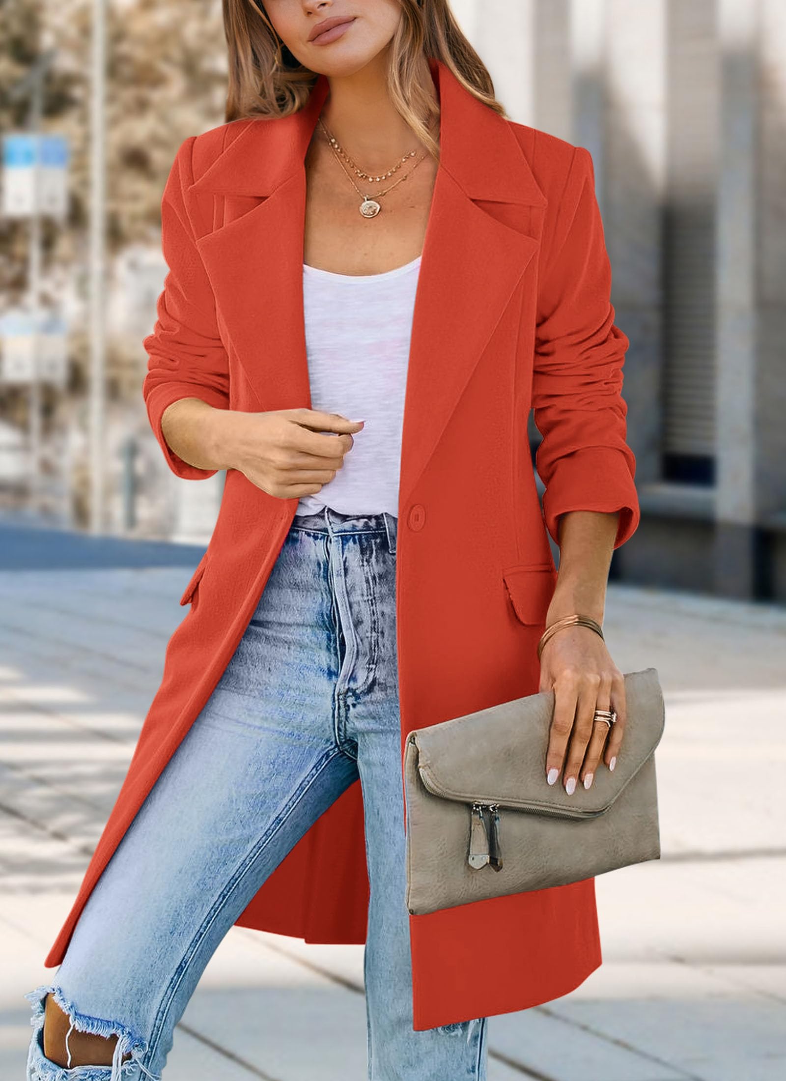 PRETTYGARDEN Women's Business Casual Long Blazer Jackets(Orange Red,S) view 5