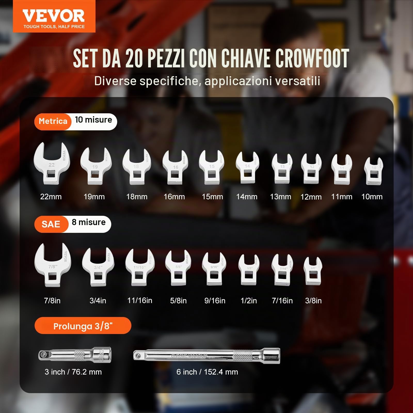 VEVOR Set chiavi a zampa di gallina, attacco 3/8", Set chiavi a zampa di gallina 20 pezzi 2 barre di prolunga e organizer per attrezzi in EVA, SAE 3/8"-7/8" e metrico 10-22 mm, materiale 40CR