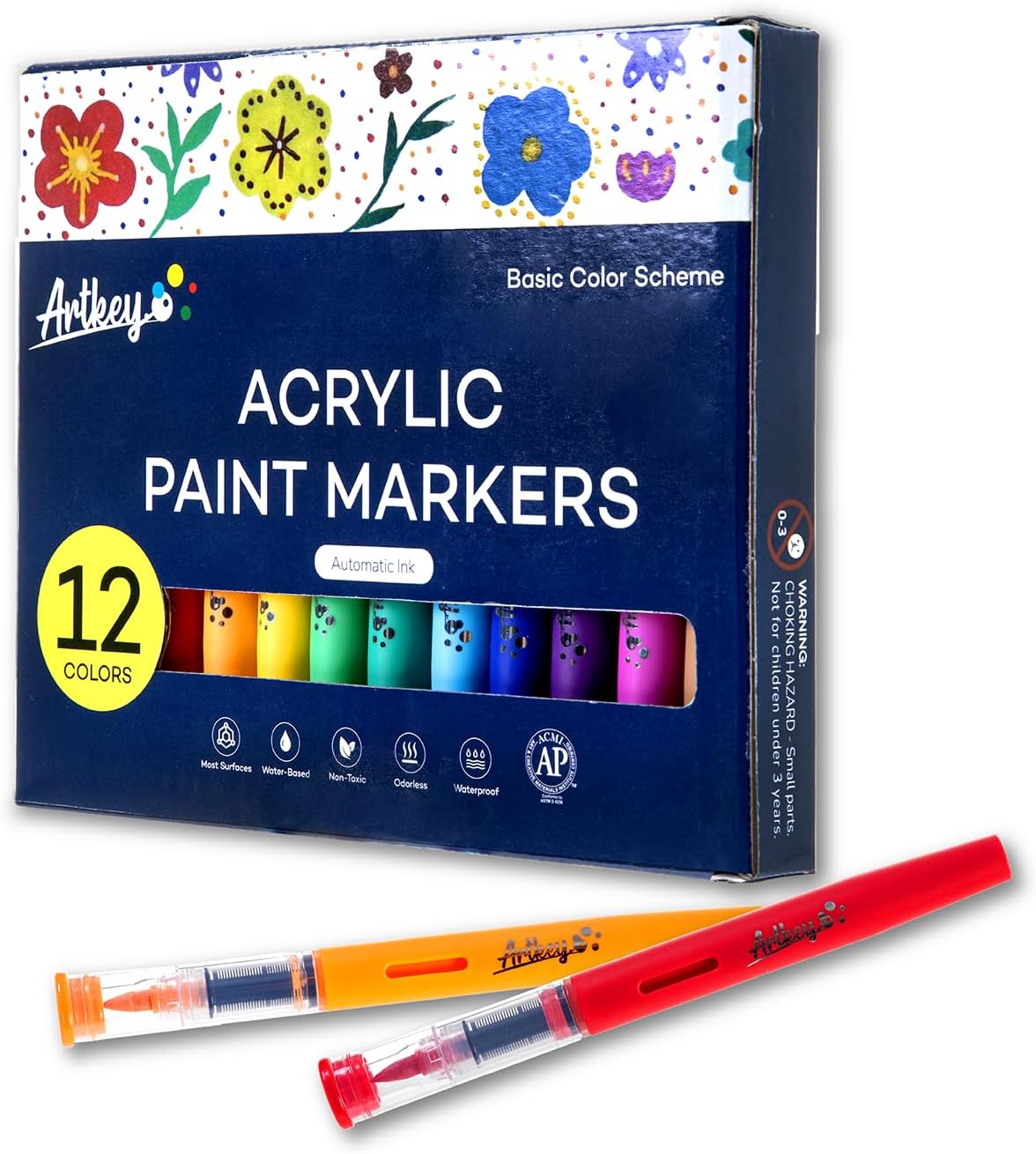 Artkey Acrylic Paint Markers 12 Colors, Direct-Liquid Acrylic Paint Pens with Automatic Ink Control, Flexible Brush Tip Acrylic Markers Set for Rock Painting, Wood, Canvas, Glass, Ceramic, DIY Crafts