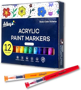 Artkey Acrylic Paint Markers 12 Colors, Direct-Liquid Acrylic Paint Pens with Automatic Ink Control, Flexible Brush Tip Acrylic Markers Set for Rock Painting, Wood, Canvas, Glass, Ceramic, DIY Crafts