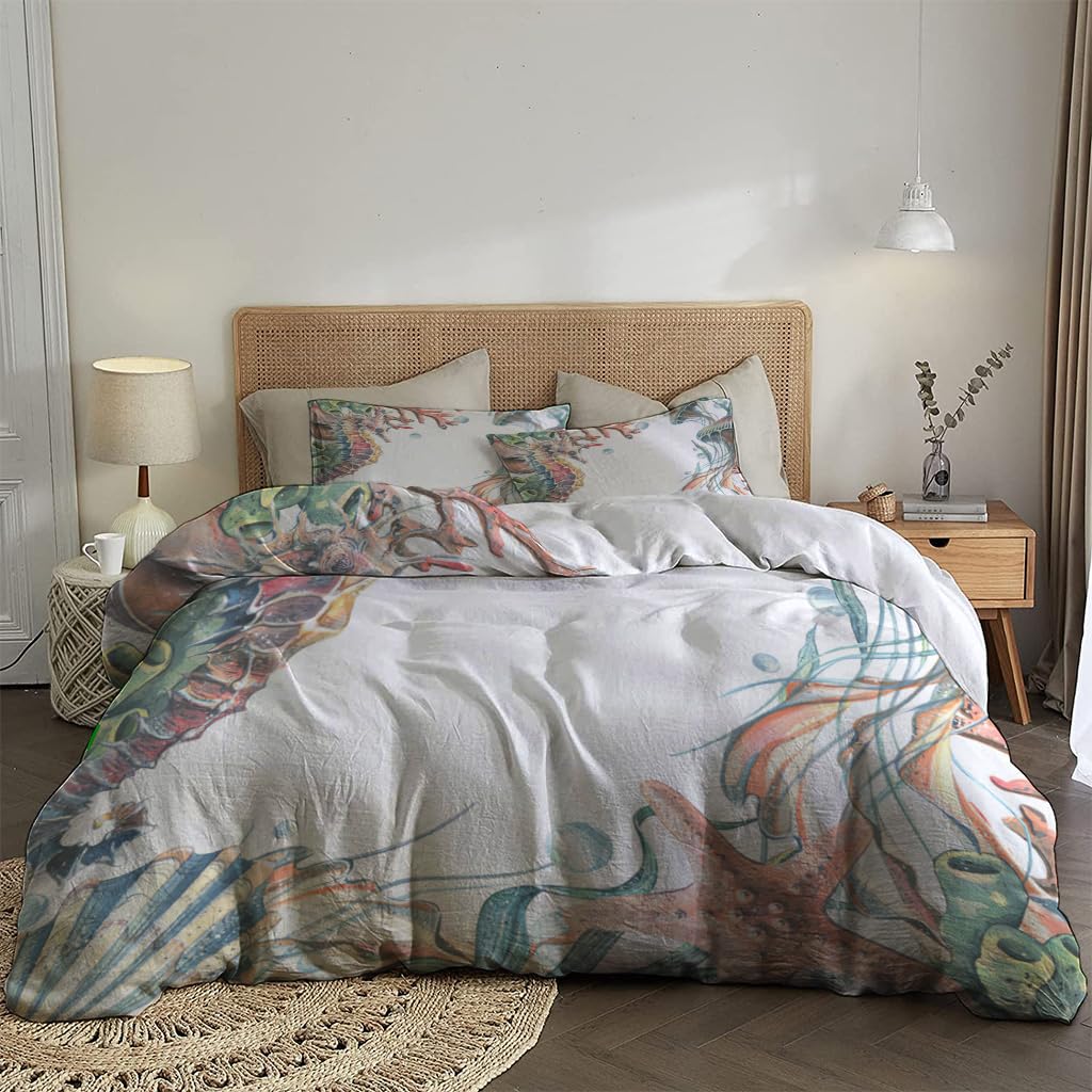 NIBAINLO 布団カバータツノオトシゴ、クラゲ、貝殻、サンゴ、ヒトデ、海の動物 肌に優しい ピーチスキン加工 掛け布団カバー 和式 洋式 あったか 布団カバーセット リバーシブル ホームステイ ホテル 家庭兼用