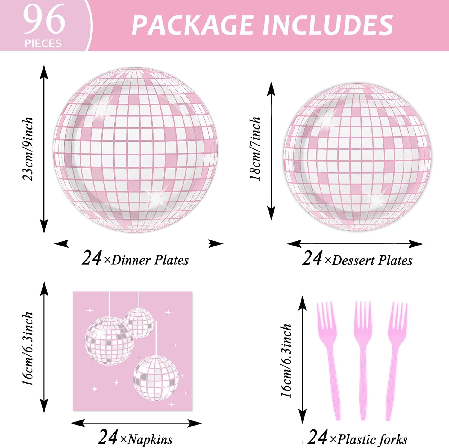 96PCS Pink Silver Disco Party Plates Napkins Disco Birthday Decoration 70s Theme Disposable Paper Cake Tableware Serve 24 Guests Women Girls Baby Shower Bachelorette Wedding Birthday Party Favor