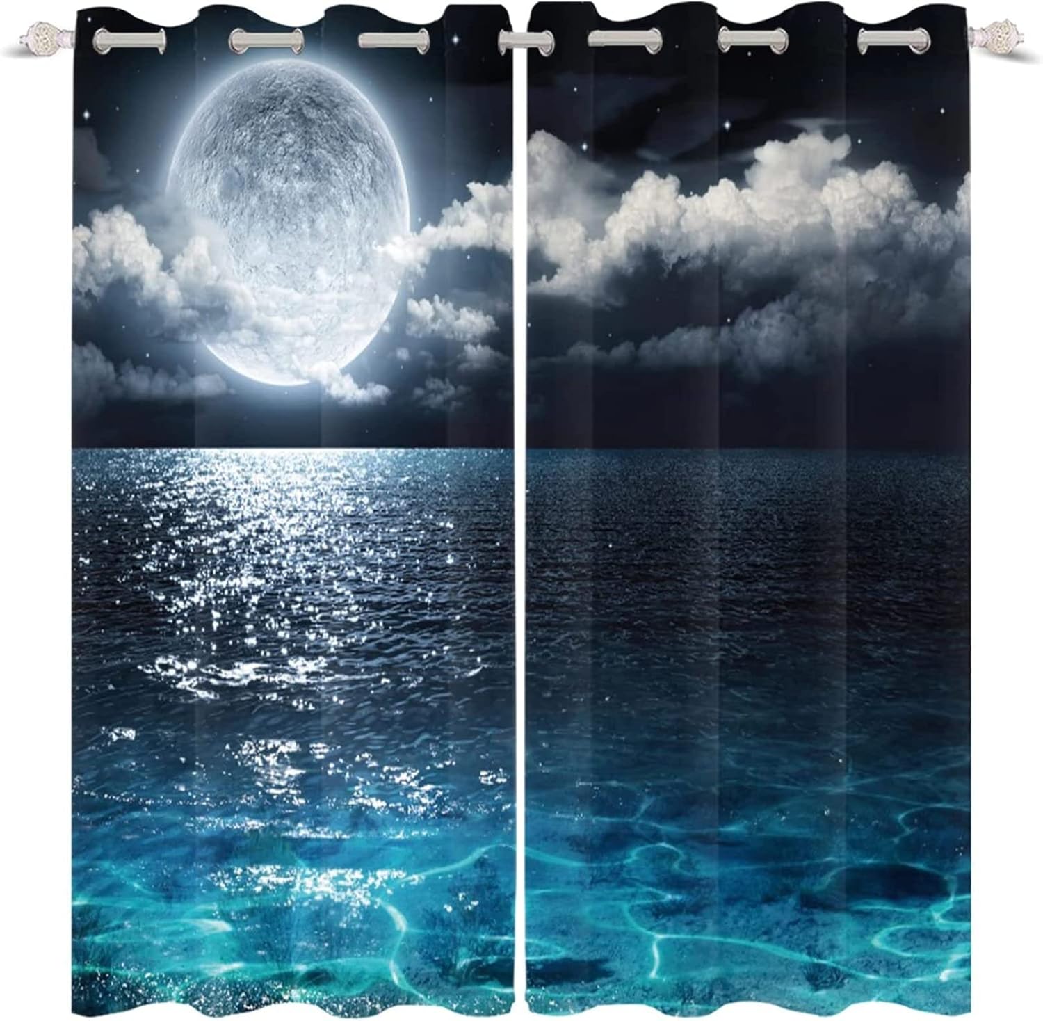 Full Moon Blackout Curtains, 3D Print Starry Sky Window Drapes for Living Room, 2 Panels 3D Printed Grommet Curtains for Room/Bedroom Heat Insulation Noise Reduction Drapes63 Wx45 L