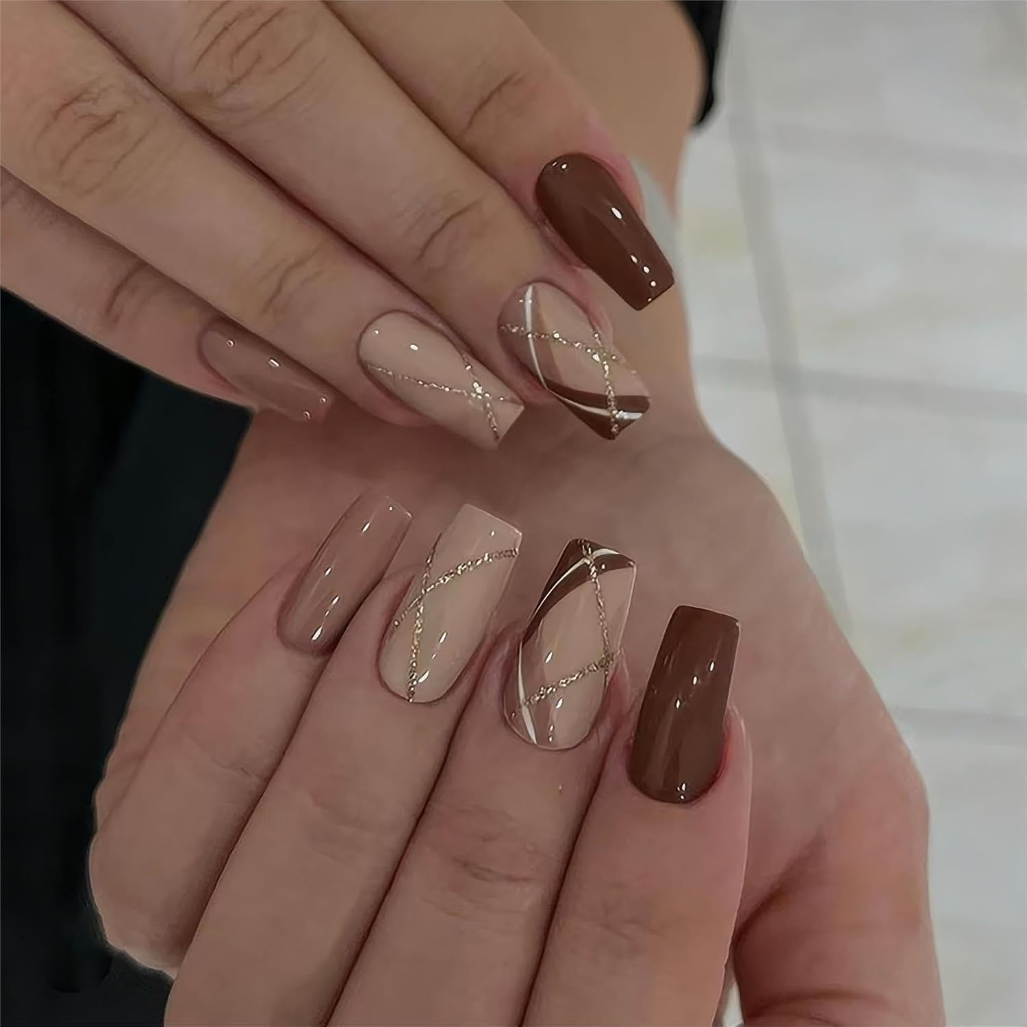Square Press on Nails Medium Brown Acrylic Nails | Geometric Design