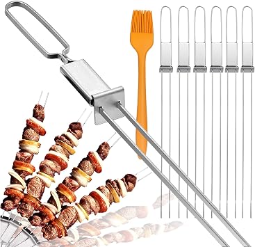 Skewers for Grilling- 17 inch 6 Pack Double Pronged Flat Stainless Steel BBQ Skewer with Push Bar- Kabob Skewers Skewer Sticks for Camping or family - Reusable, BBQ Accessorie
