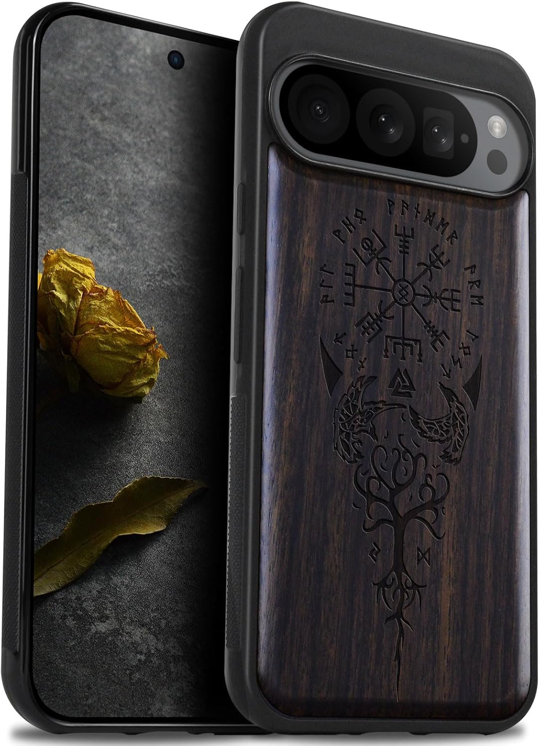 Carveit Wood Case for Pixel 9 Pro - Natural Wood & Black Soft TPU Shockproof Protective Cover - Unique Wooden Case - Compatible with Google Pixel 9 Pro (The Guiding Vegvisir-Blackwood)
