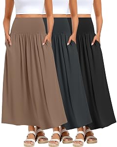 Ficerd 3 Pack Maxi Long Skirts for Women Ankle Length High Waisted Pleated Flowy a Line Summer Casual
