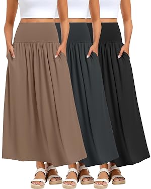 Ficerd 3 Pack Maxi Long Skirts for Women Ankle Length High Waisted Pleated Flowy a Line Summer Casual