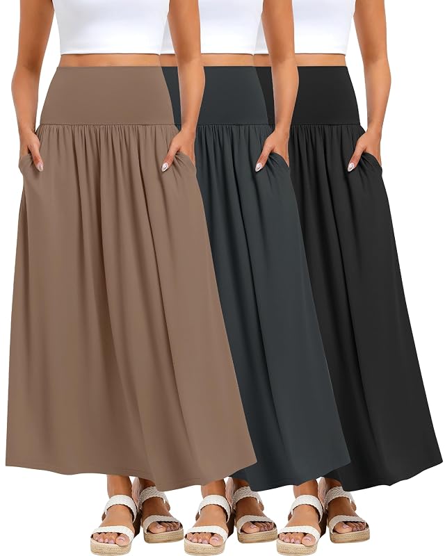 Ficerd 3 Pack Maxi Long Skirts for Women Ankle Length High Waisted Pleated Flowy a Line Summer Casual