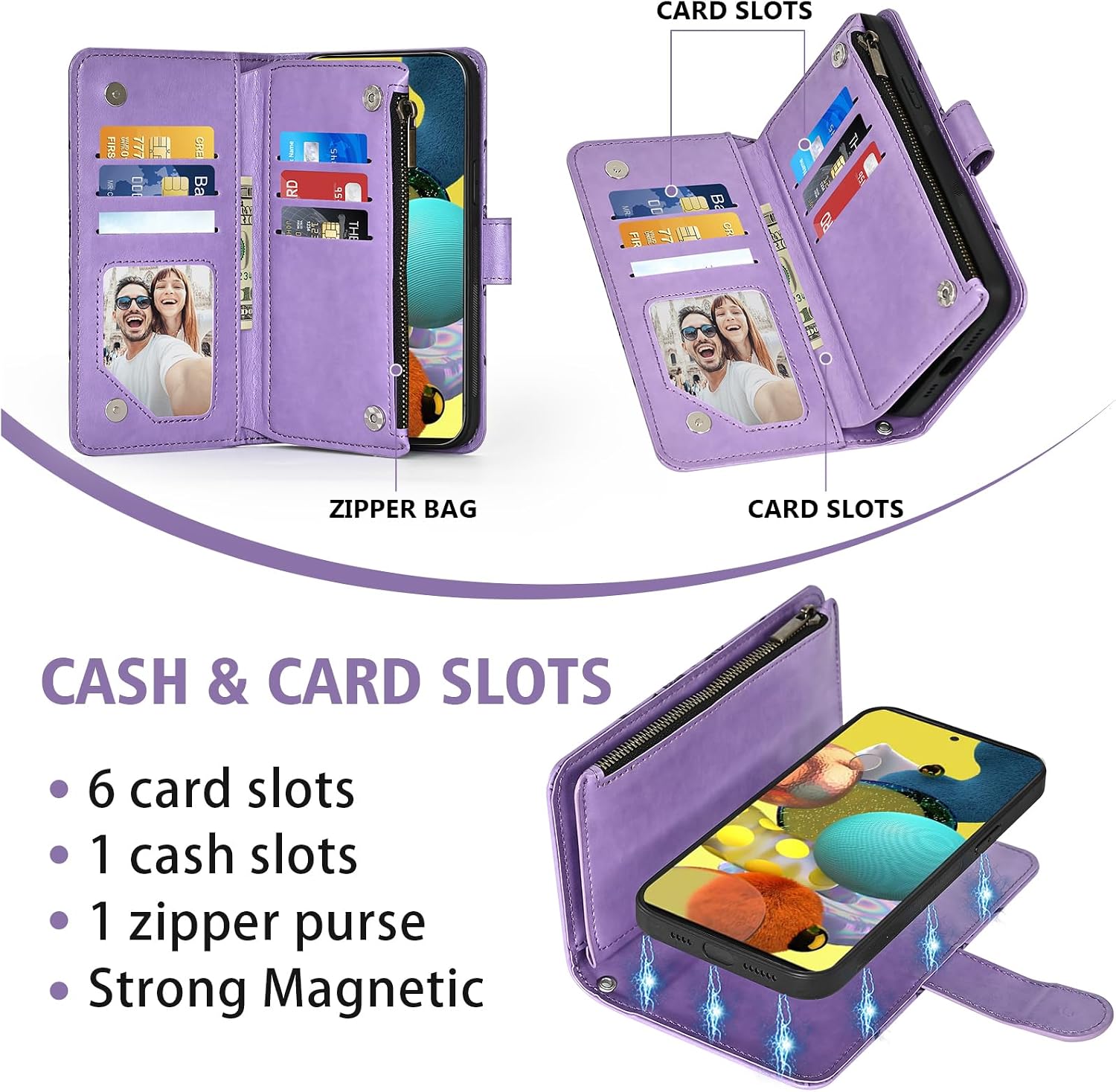 Asuwish Phone Case for Samsung Galaxy A51 5G/A 51 5G UW Verizon Zipper Wallet Magnetic Detachable Cell Cover with Tempered Glass Screen Protector Strap Flower Card Holder 51A G5 S51 Women Girls Purple