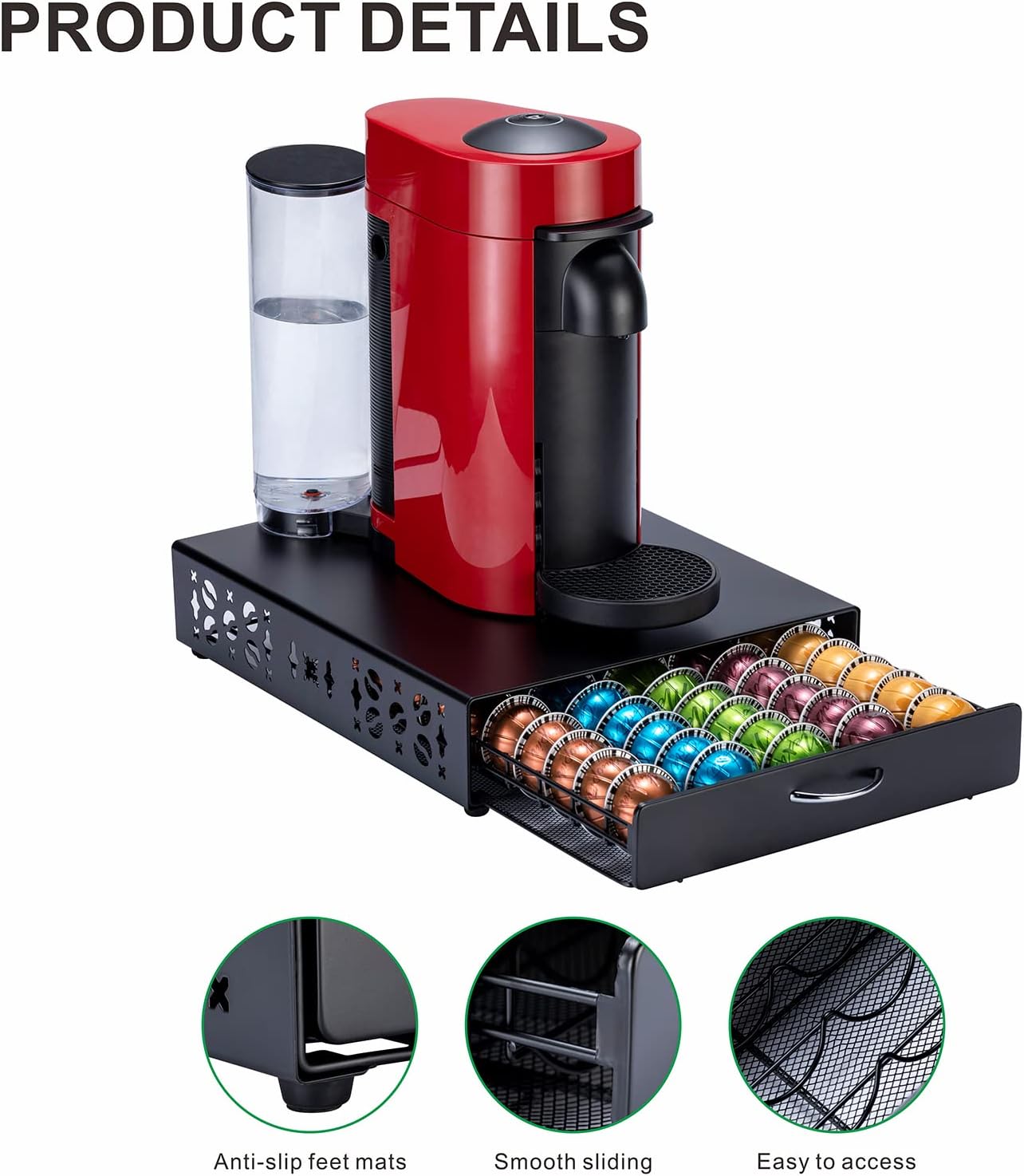 ZCDCP Nespresso Pod Holder Vertuo pod Storage Drawer Black Metal Coffee Pod Holder for Vertuoline Capsule Orgainzer 50 Pods