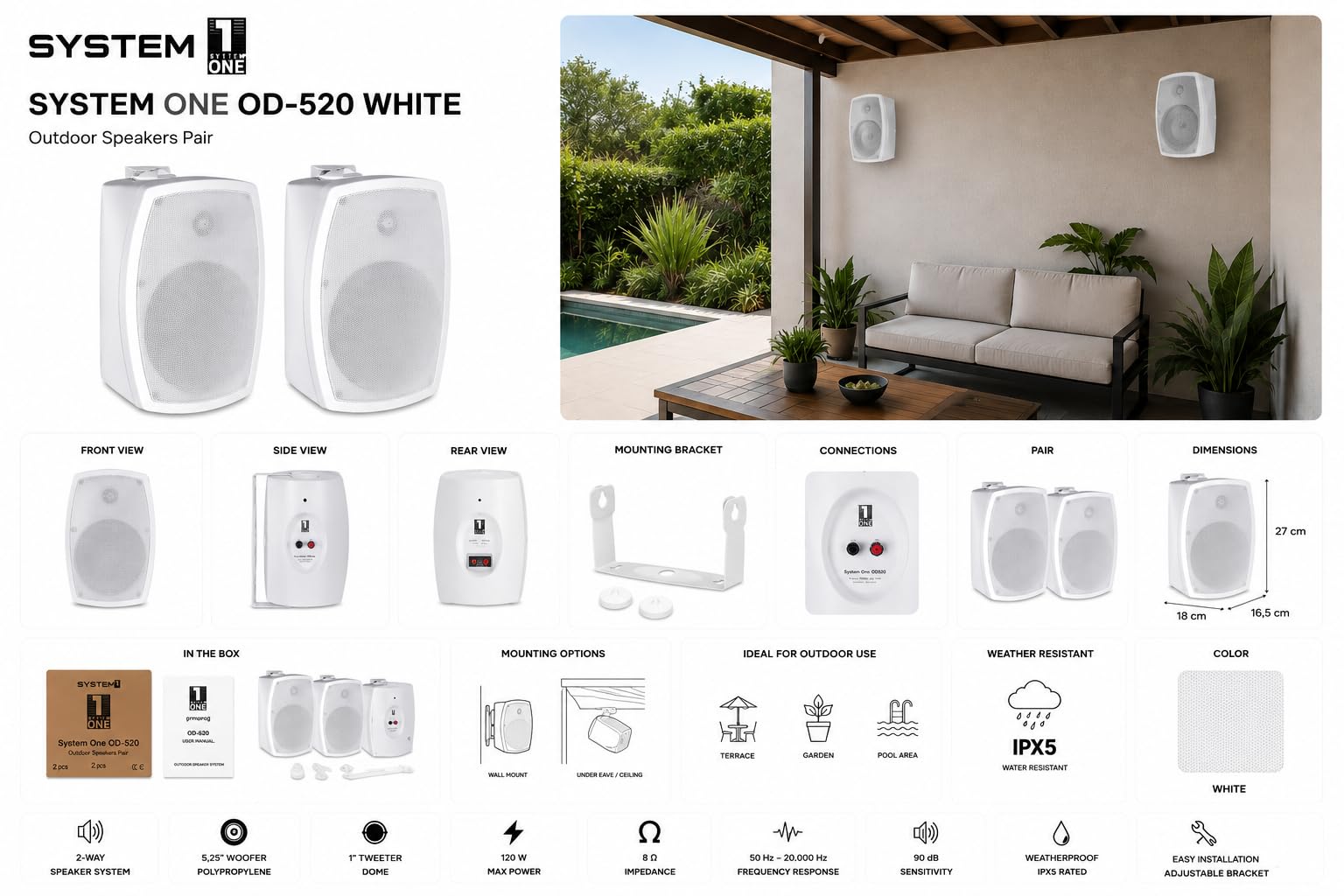 System One OD520 WH – Paire d’Enceintes Extérieures Blanches IP54, 120W, 2 Voies, Montage Mur ou Plafond, Résistantes Eau et UV, Système Filaire, sans Bluetooth.