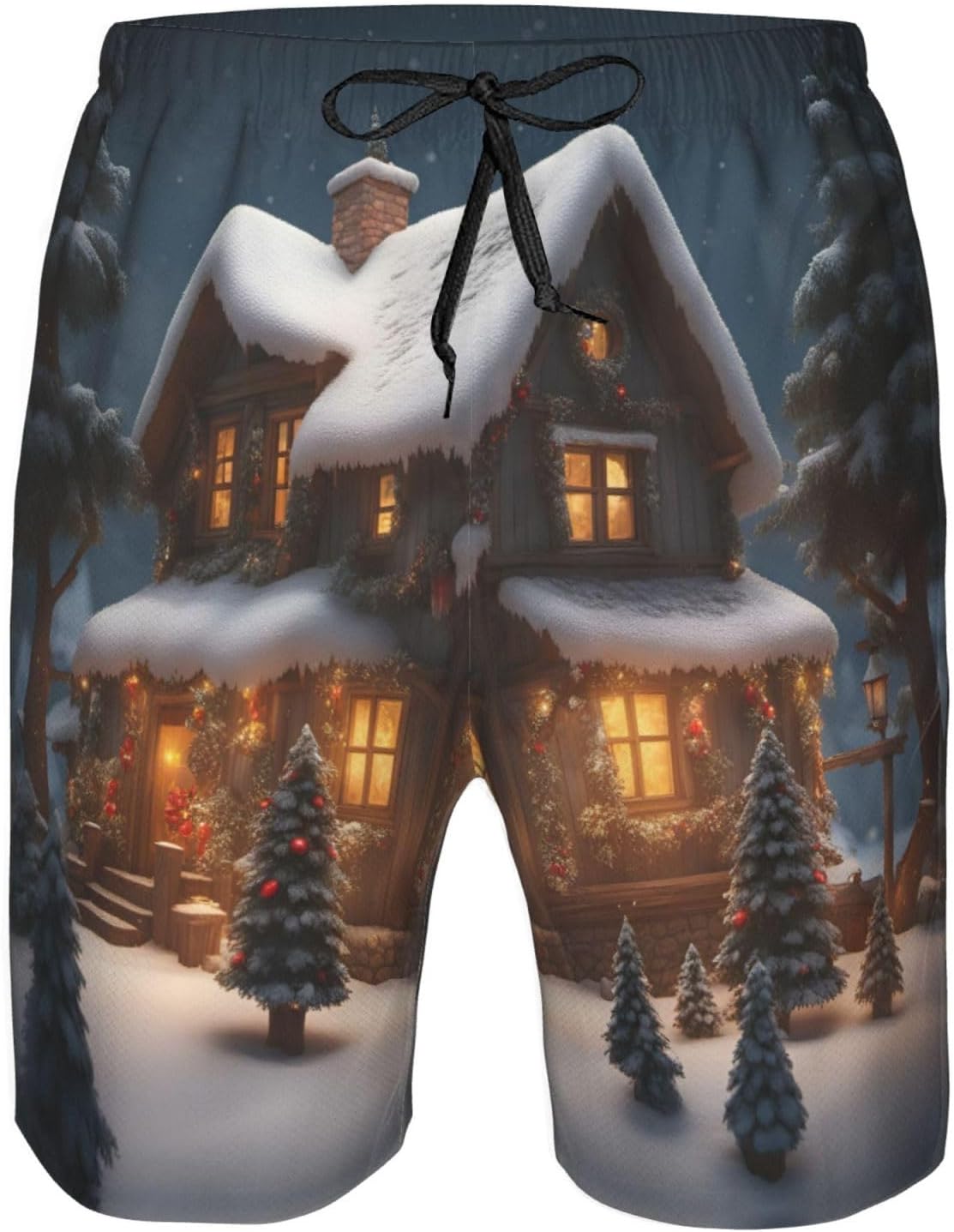 Christmas Village House 3 Print Men's Quick-Drying Shorts Casual Beach Pants Stretch Waist Shorts and Pockets