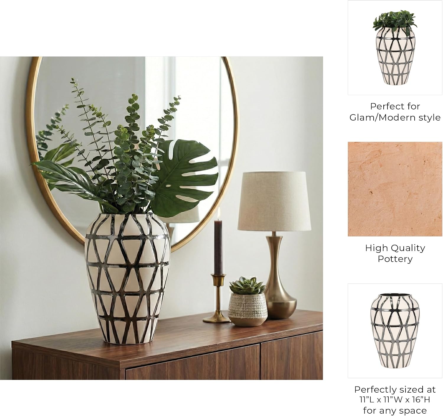 Architectural Vase for Living Room Decor - Refined Home Decor Accents with Geometric Grid Detail - Decorative Flower Vase for Room, Bedroom, House, Office, and Table Styling - 16", Ivory & Silver