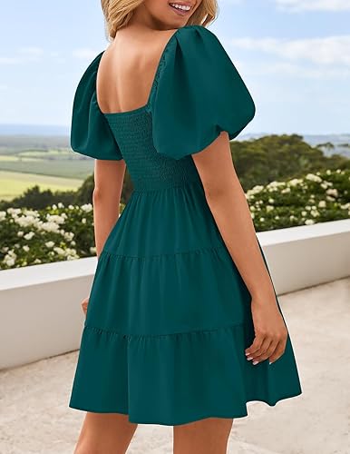 Miniatura 3 de ZESICA Mini vestido corto de verano bohemio 2026 con cuello cuadrado, manga abombada, hombros descubiertos, fruncido, escalonado, casual,