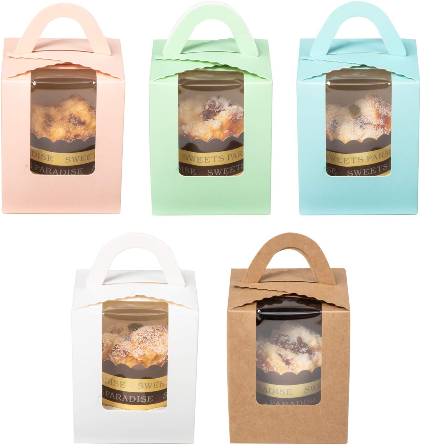 25 Pack Single Cupcake Paper Boxes with PVC Display Window, Portable Cupcake Carrier for Wedding Birthday Party Candy Boxes with 5 Colors
