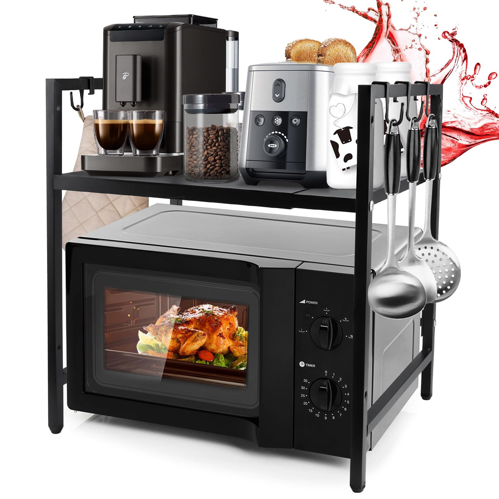 Soporte Extensible para Microondas de 2 Niveles, Rejilla para encimera de Cocina Organizador Estanteria Mueble con 6 Ganchos, Estantería para Microondas, 40-64 cm, Negro