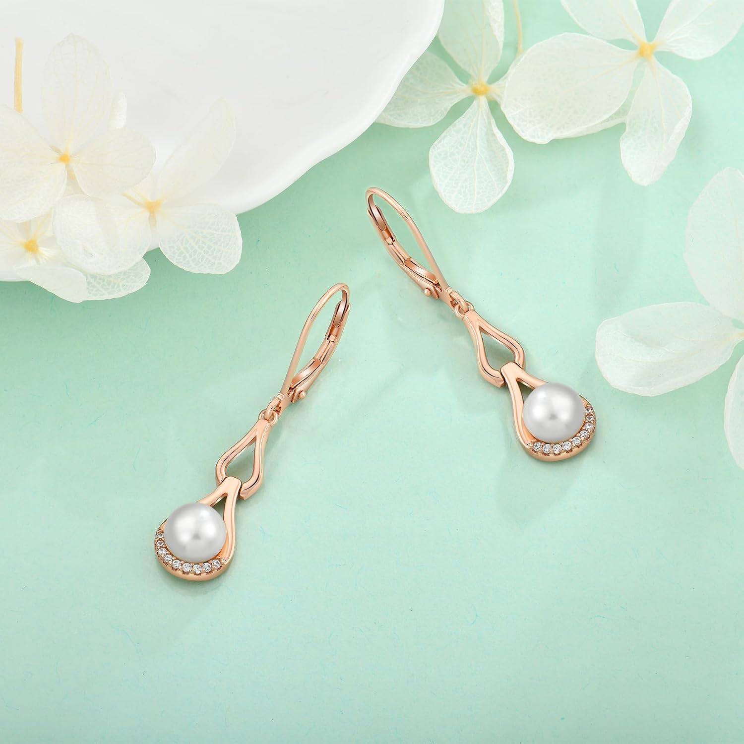 Infinity Pearl Earrings for Women, 925 Sterling Silver Twisted Leverback Dangle Drop Earrings with 8MM Freshwater Pearl Cubic Zirconia Earrings, Birthday Anniversary Jewelry Gifts for Women