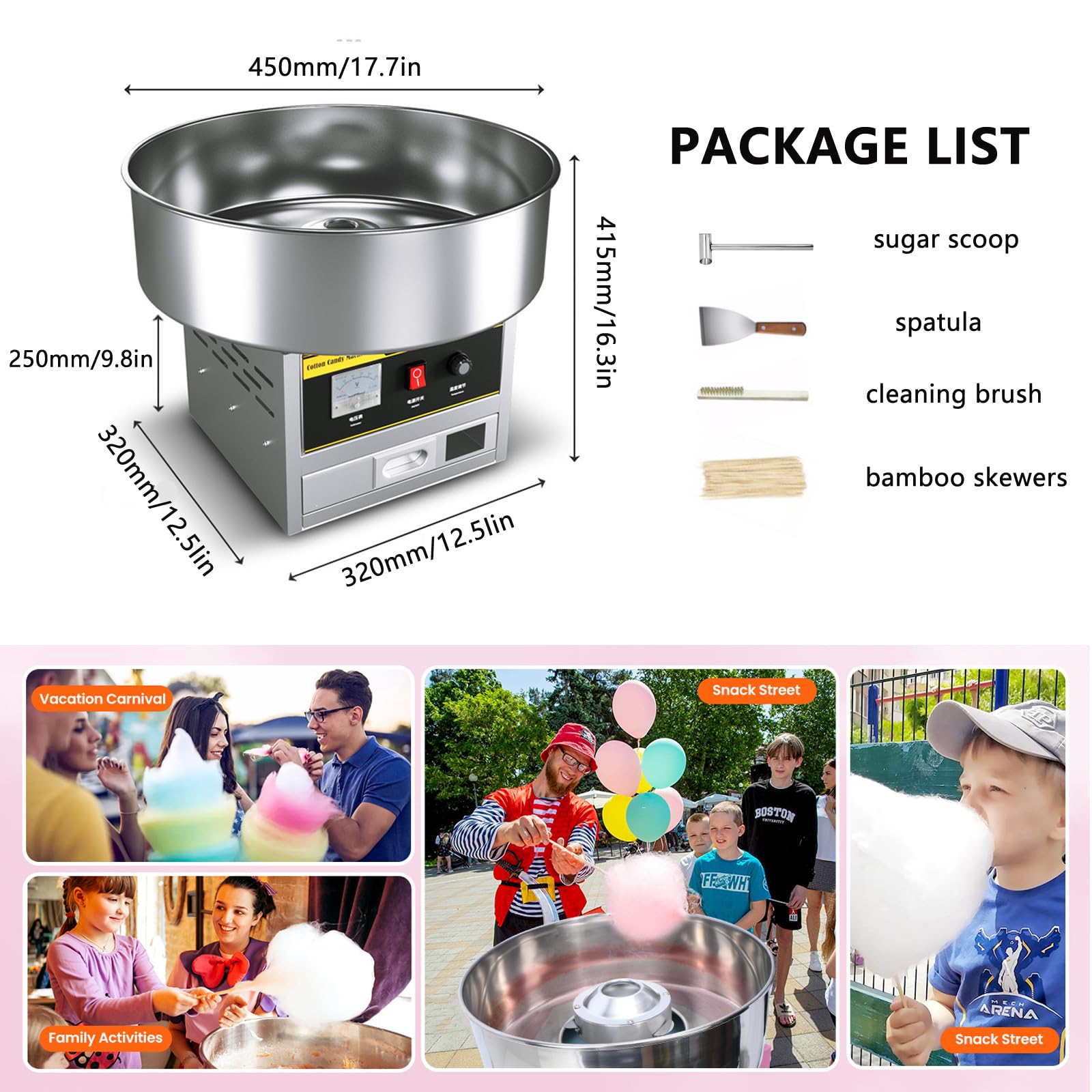 Machine à Barbe à Papa Professionnelle, Machine à Barbe à Papa De 1200 W, Appareil à Barbe à Papa avec Bol en Acier Inoxydable Et CuillèRe à Sucre, IdéAle pour Les Enfants, La Maison,Argent