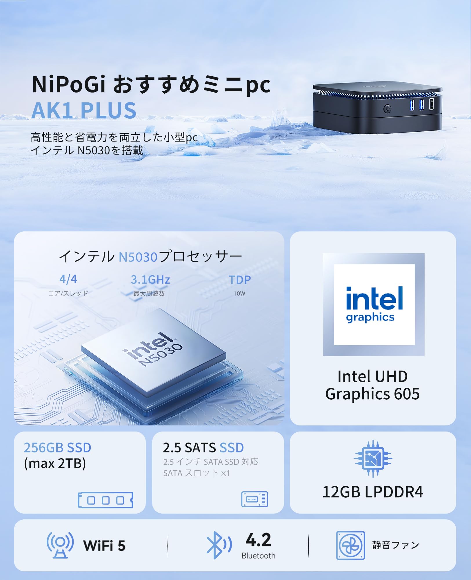 ミニPC Windows11 Pro 8GB 256GB 静音設計 省電力 Amazon.co.jp: NiPoGi ミニpc Intel N5030 【2026新モデル・業界超ミニ