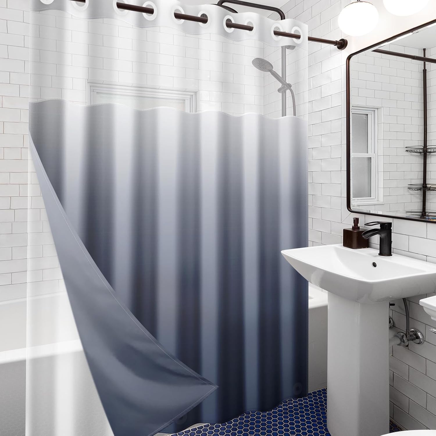 No Hook Ombre Navy Blue Shower Curtain with Snap-in PEVA Liner Set, Modern Design Hotel Style with See Through Top Window Double Layers Waterproof Bath Curtain 71x74 Inch