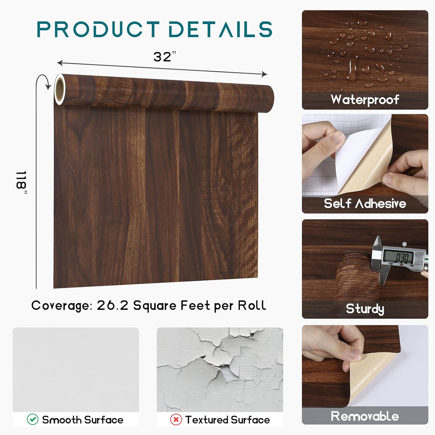 VEELIKE 118''x32'' Wide Natural Walnut Wood Contact Paper Wood Wallpaper Peel and Stick Countertops Waterproof Wood Grain Contact Paper for Cabinets Walls Desk Removable Self Adhesive Wood Vinyl Wrap