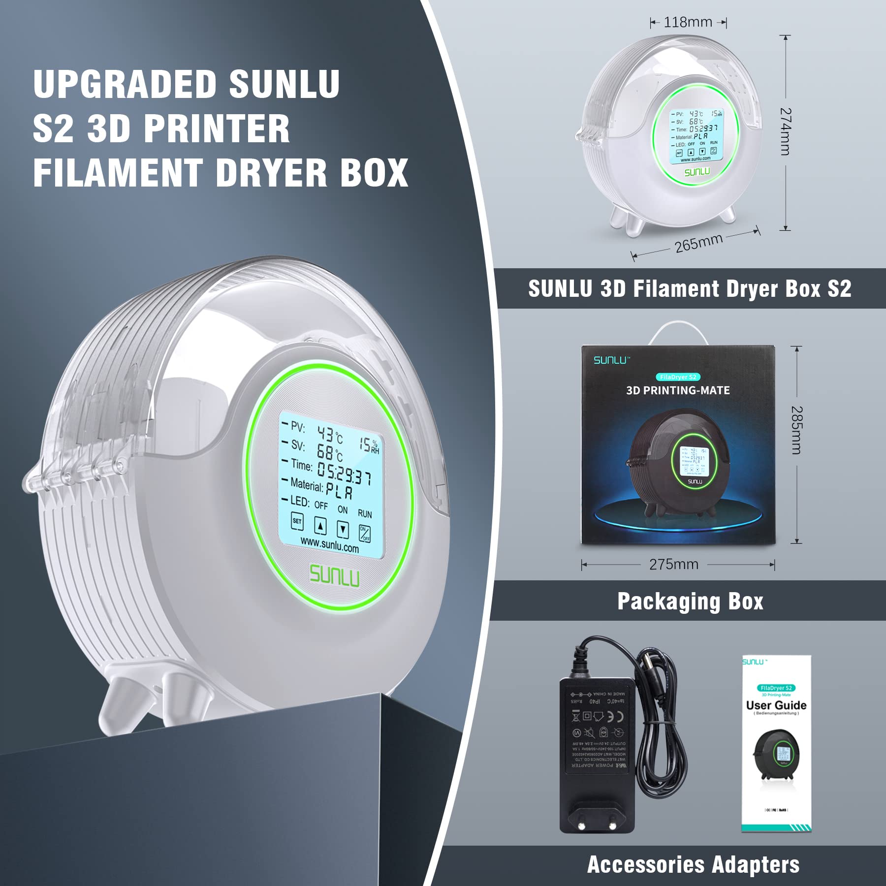 SUNLU S2 Suszarka filamentowa do drukarki 3D, utrzymuje filament w suchości podczas drukowania 3D, ogrzewanie dookoła 360°, duży ekran dotykowy LCD, kompatybilna z filamentem 1,75 mm, 2,85 mm, 3,00