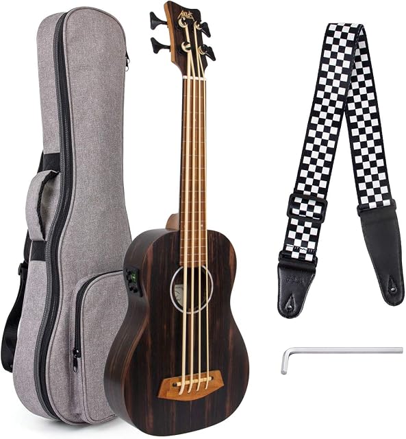Aklot Ukulele basse électrique 30 inch Ebony Fretless African Blackwood U Bass Professional Aquila EADG avec Gig Bag Strap pour débutant et avancé