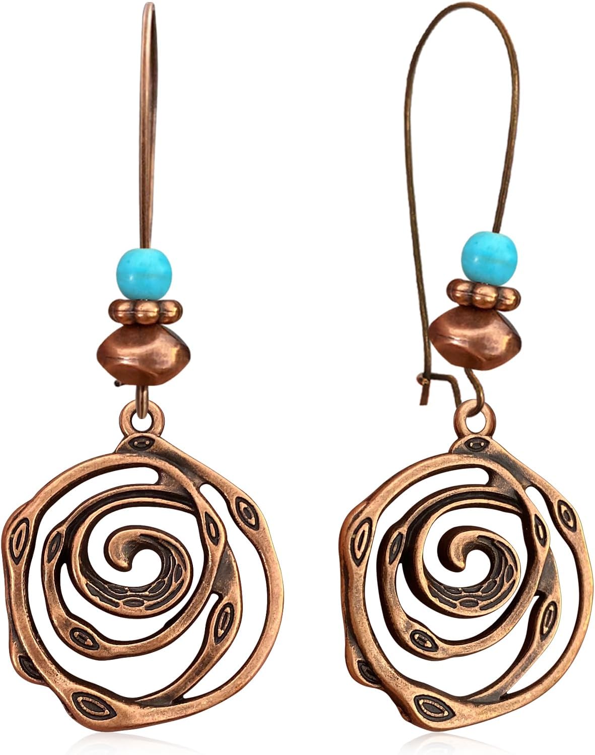 Gdpaddy Bohemian Vintage Copper Spiral Dangle Earrings - Geometric Flower Maze Drop Leverback for Women