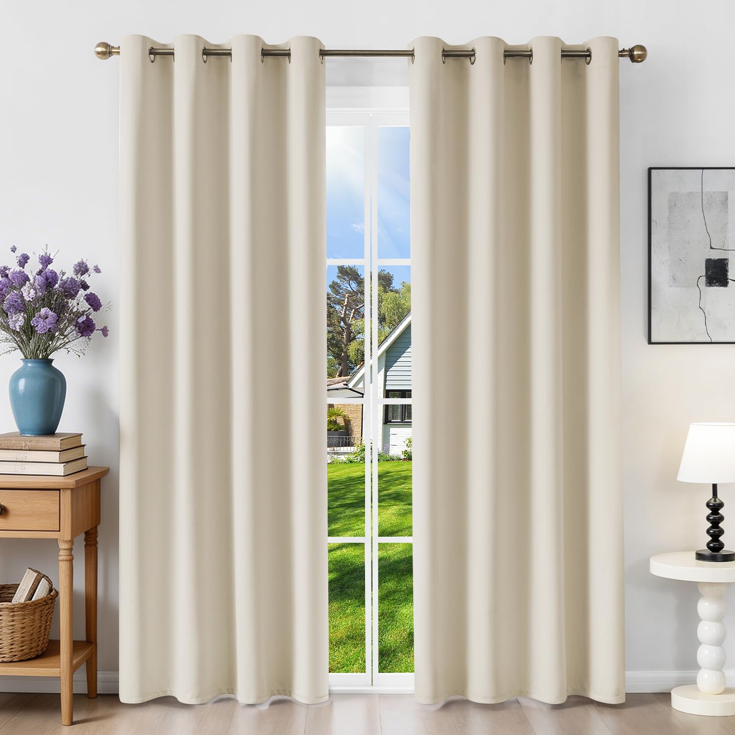Runyéla Blackout Curtains for Bedroom Eyelet 46 x 72 Inch Drop Thermal Black Out Curtain for Living Room, 2 Panels, Light Beige
