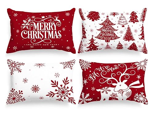Lanpn White and Red 12x18 Christmas Lumbar Pillow Covers Set