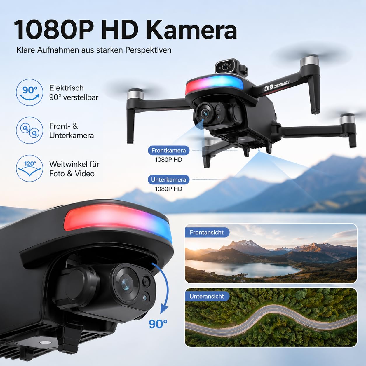 Faltbare GPS Drohne mit Kamera 1080P HD, Dual-Kamera, 4,5'' Bildschirm Fernsteuerung, bürstenlose Motoren, 2 Akkus (40 Min), Follow Me, 360° Orbit, Waypoint, Optical Flow, Hinderniserkennung