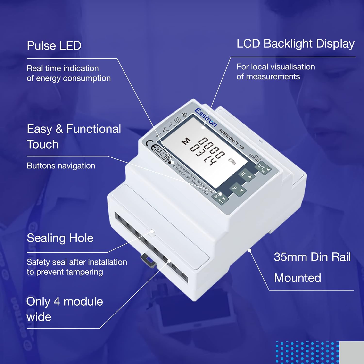 വിശദമായി view of EASTRON SDM630MCT V2 features like Pulse LED, LCD, and sealing hole