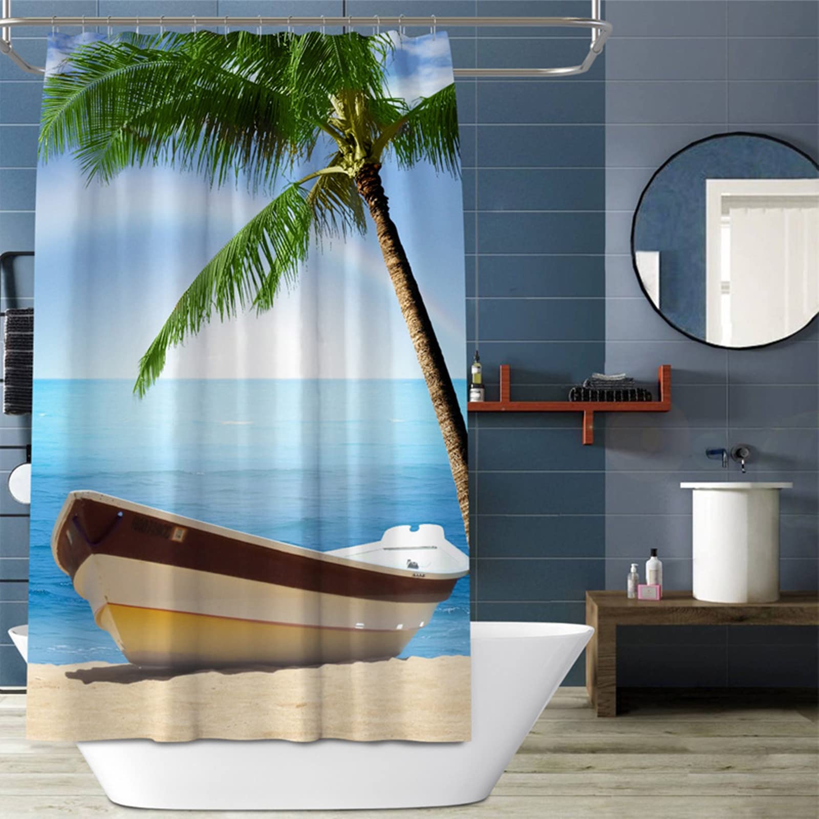 Rideau douche paysage plage cocotiers grand format 200x200cm pour salle de bain moderne
